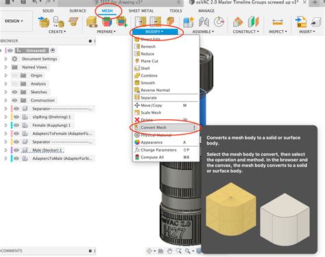 Has the mesh workspace been removed, or not available to startup license I uploaded an stl file, then opened that file. . Mesh to brep fusion 360 missing